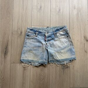 DSQUARED2 Light Blue Distressed Jean Shorts. Size Italian 40, fits 24,25